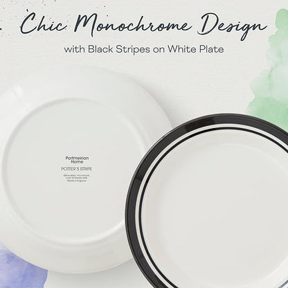 Portmeirion Potter's Striped Dinner Plate (Set of 4) - 8-Inch Stackable Earthenware Plates - Microwave & Dishwasher Safe, Handcrafted Dinnerware for Casual & Formal Table Settings (Black Stripe)