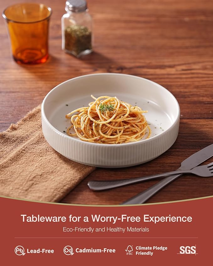 famiware Star 8.25" Pasta Bowls, Large Dinner Bowls Set of 4, Salad Bowl Plates, Shallow Bowls for Eating, Dark Charcoal & White Full Glaze Matte