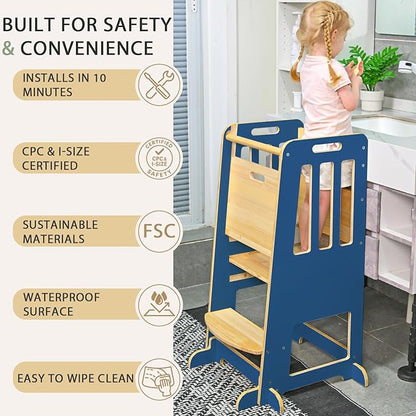 WINGYZ Toddler Kitchen Stool – Adjustable Helper Tower for Kids with Safety Rail, Wooden Standing Step-Up Stool, Sliding Door & Stable Base, Dark Blue
