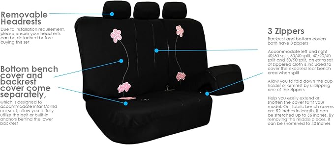 FH Group Full Set Cloth Car Seat Covers, Universal Fit, Low Back Front Seat Covers, Airbag Compatible, Split Bench Rear Seat, Washable Seat Cover For SUV, Sedan, Van, Black