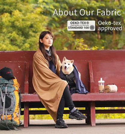 Travel Blanket Lightweight and Breathable, 67 x 48 in Soft Airplane Flight Blanket for Travelers, Foldable Camping Sheet with Stuff Sack for Train, Camp, backapcking, office, home(Creamy Brown)
