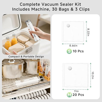 Compact Vacuum Sealer for Food (Vacuum Sealer Machine + 30 Reusable Vacuum Bags), Powerful Handheld Vacuum Sealer Machine, Seal Food 6X Fresh Longer, Portable & Wireless, Easy-Clean