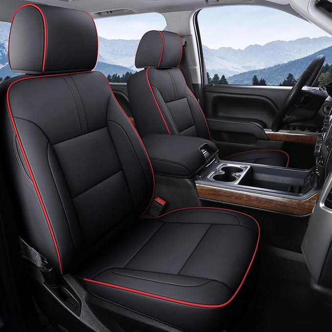 Coverado Chevy Silverado Seat Covers Full Set, Faux Leather Car Seat Covers Fit for 2014-2018 1500, 2015-2019 2500HD 3500HD Chevy Silverado GMC Sierra Crew Double Extended Cab (Red)