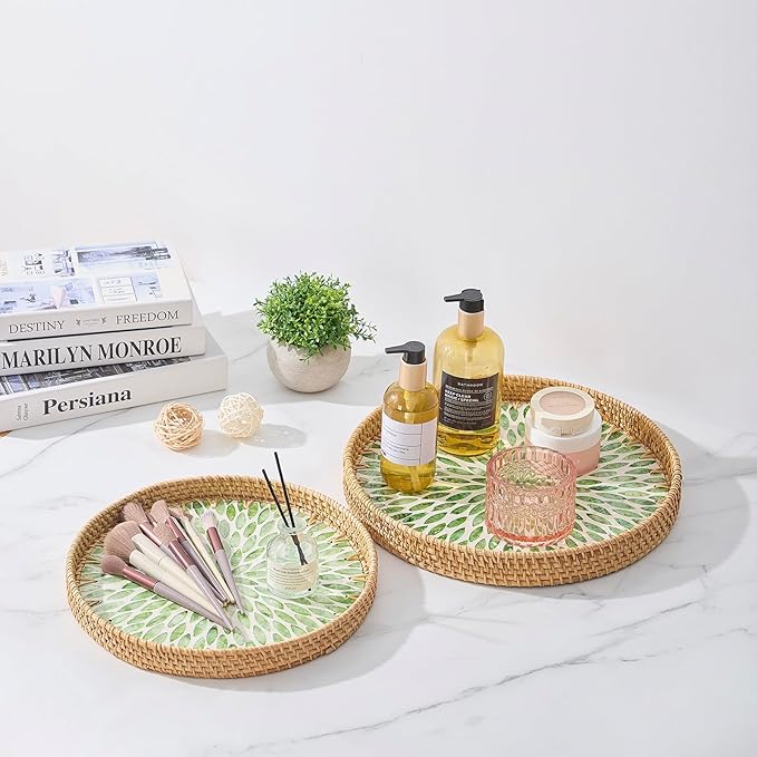 Round Rattan Tray with Mother of Pearl Inlay, Rattan Serving Tray with Wooden Base, Decorative Wicker Basket for Table Decor, Storage and Display of Coffee Bread Food Fruit (Leaf 13.5")