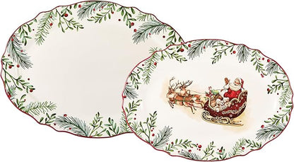 Bico Santa On The Way 16 plus 14 inch Scalloped Oval Platters Set, Set of 2, Microwave and Dishwasher Safe, for Serving Fish, Chicken, Turkey