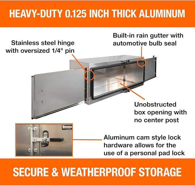 Buyers Products 1762642, 24x24x48 Smooth Aluminum Underbody Truck Tool Box with Double Barn Door, Cam‑Lock Hardware, Rain Gutter Seal, Universal Mount Storage for Flatbed and Trailer Use