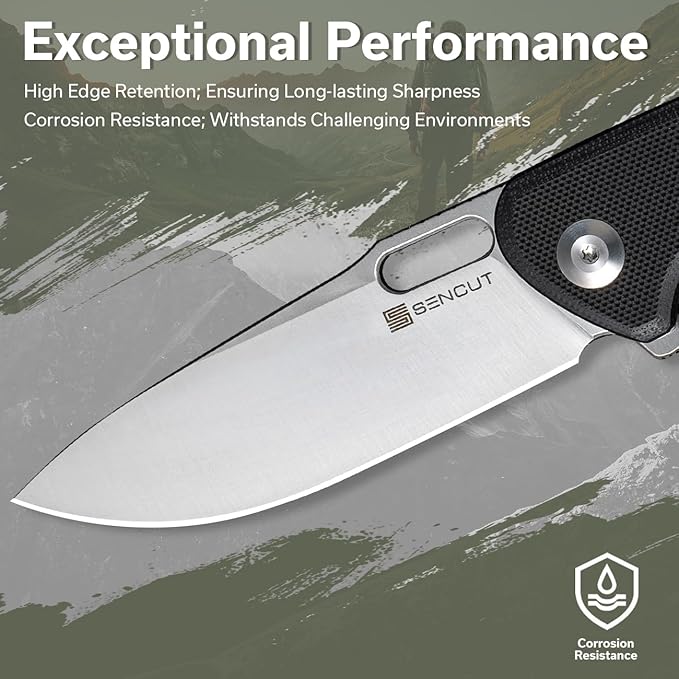 SENCUT Pocket Knife for Men, Vesperon Folding Knives for EDC, 3.35" Blade G10 Handle, Liner Lock knives for Outdoor Indoor S20065-1 (Black)