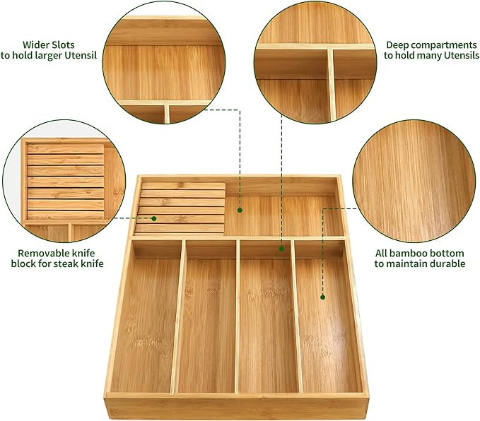 VaeFae Bamboo Silverware Organizer, Utensil Holder