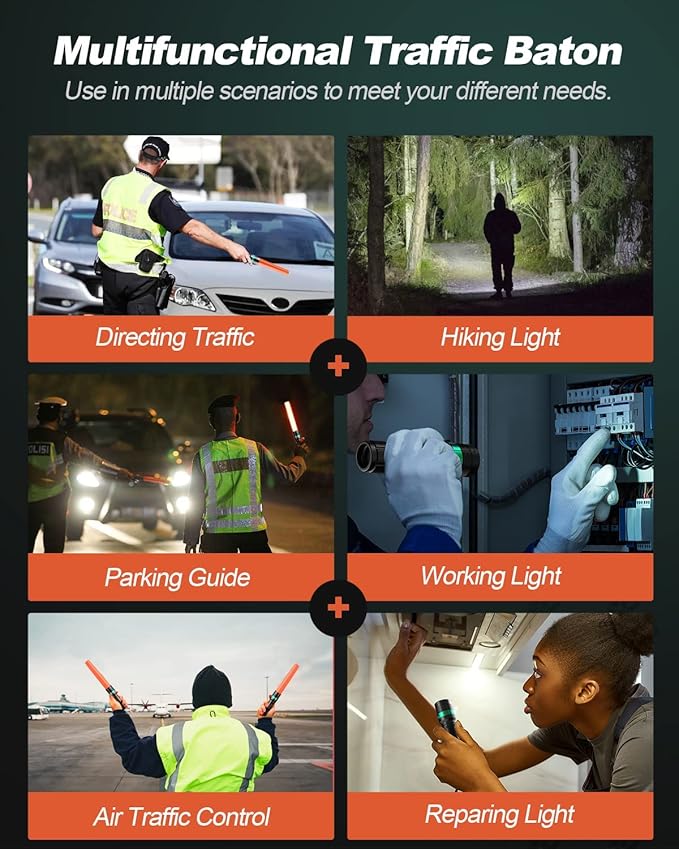 RoadHero 2 Pack Traffic Wand,11 Inch Flashlight Led Traffic Control Baton, Small Orange Safety Wands, Air Marshaling Wand with 5 Flashing Modes, Night Signal Light for Airport, Parking Directing