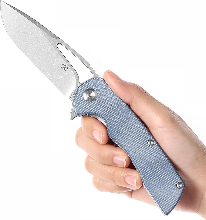 KANSEPT Kryo Pocket Knife 8.08in Folding Knives with 3.58in12C28N Steel Drop Point Blade and Blue Micarta Handle for Outdoor, Tactical, Survival and EDC T1001M3