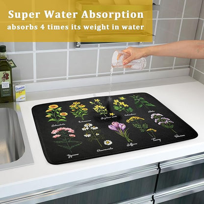 Black Flower Herbs Dish Drying Mat 18x24 Inch Botanical Floral Microfiber