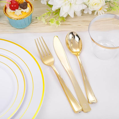 bUCLA 600Pcs White and Gold Plastic Plates - Gold Disposable Dinnerware Set for 100 Guests Include 100 Dinner & 100 Dessert Plates, 100 Cups, 100 Forks, 100 Spoons, 100 Knives for Thanksgiving