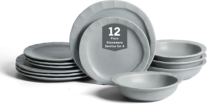 Stone Lain Oasis 12-Piece Dinnerware Set Stoneware, Dishwasher and Microwave Safe Plates and Bowls Set, Dish Set for 4, Grey Blue