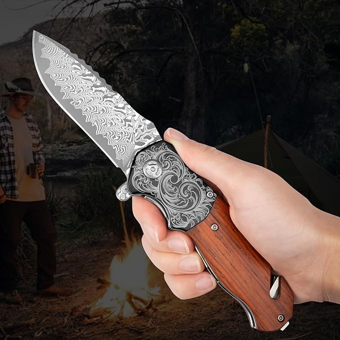 Pocket Knife with Glass Breaker, EDC Damascus Folding Knife with Seatbelt Cutter, 3.35" VG10 Damascus Steel Blade Multitool Pocket Knives with Wood Handle
