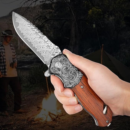 Pocket Knife with Glass Breaker, EDC Damascus Folding Knife with Seatbelt Cutter, 3.35" VG10 Damascus Steel Blade Multitool Pocket Knives with Wood Handle