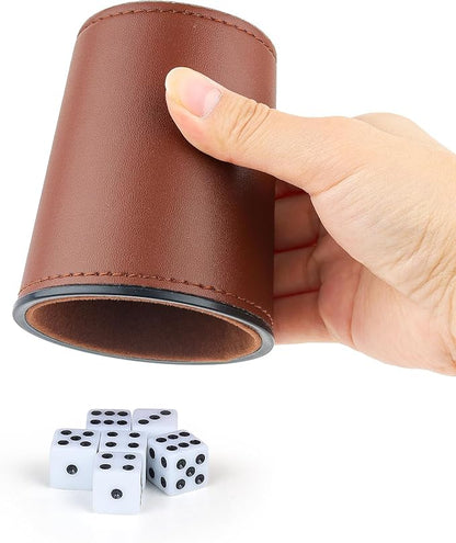 Felt-Lined PU Leather Dice Cup Set, 6 Quiet Shaker Cups With 36 Dice for Bar Party Yahtzee Farkle Games, Dark Brown