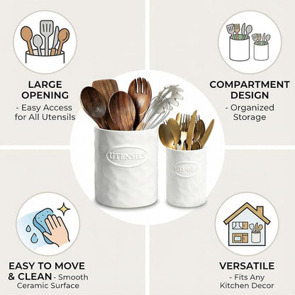 White Utensil Holder Set of 2 Ceramic Cooking Utensil Crock Modern Kitchen