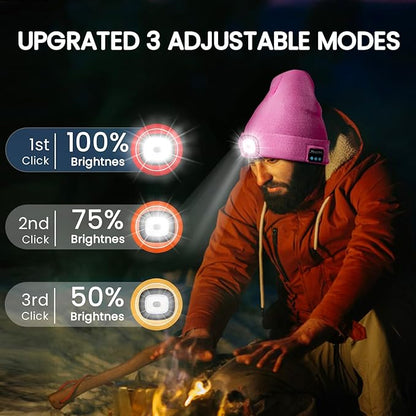 Bluetooth Beanie Hat with Light, USB Rechargeable LED Headlamp with Wireless Headphones, Gifts for Men, Him, Husband, Boyfriend, Dad Gifts for Dad, Husband, Father, Pink
