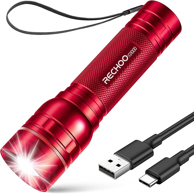 RECHOO Rechargeable Flashlights High Lumens, G1000 Super Bright Flash Light, Small Zoomable LED Flashlight with 3 Lighting Modes, Portable Tactical Flashlight, Gift for Women(Battery Included)-Red