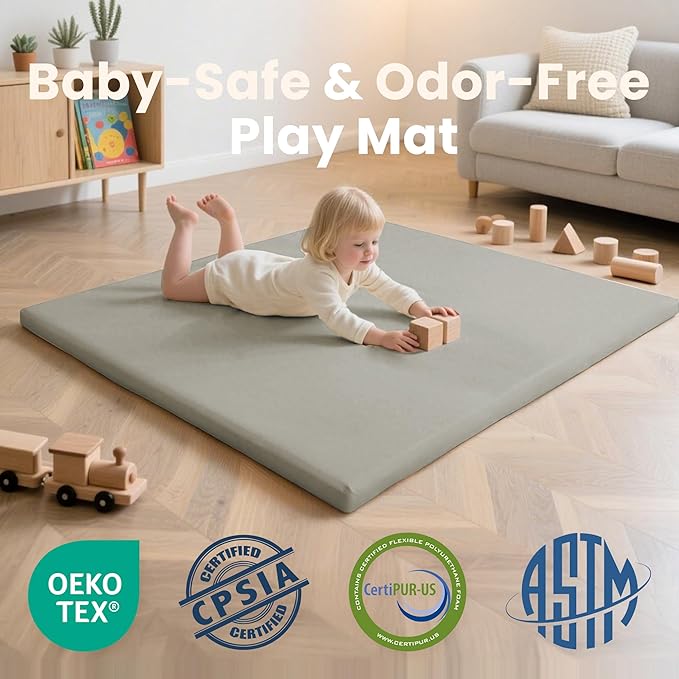 Baby Play Mat 50x50 Inches,1.3" Thick Padded Waterproof Floor Cushion & Playpen Mat with Vegan Leather,Non-Slip & Non-Toxic Nursery Rug for Infants, Toddlers & Kids(Grey)
