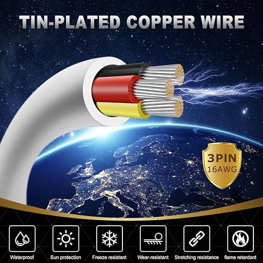 16 Gauge 3 Conductor Electrical Wire, 65.6FT White Stranded Low Voltage 16/3