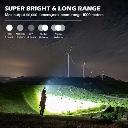 Rechargeable Flashlights 90,000 Lumens, Super Bright LED Flashlight High Lumens with USB Cable, 5 Modes Waterproof Flashlight Powerful Flash Light for Home Camping Hiking