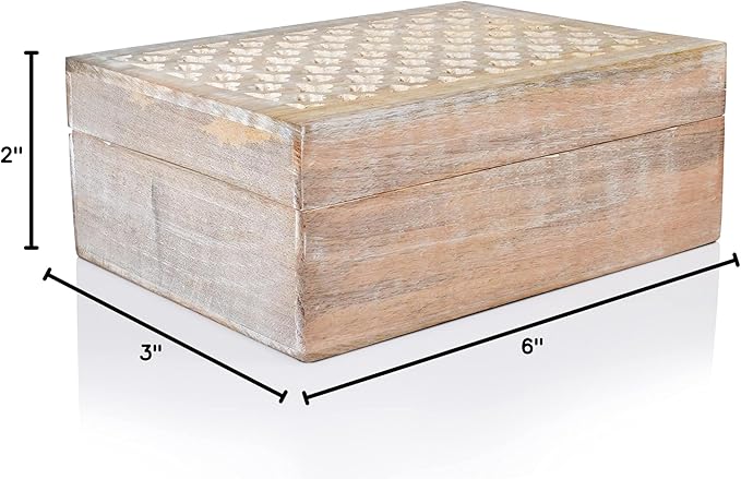Mela Artisans Wooden Keepsake Box | Whitewash Mango Wood Memory & Photo Storage Box with Hinged Lid | Decorative Storage Box | Extra Large | 10.5x7.5x4 Inch
