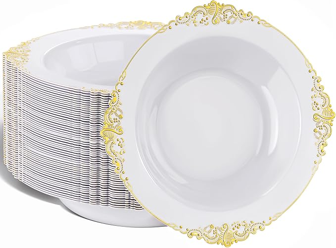 Nervure 50 Pack White Plastic Bowls with Gold Rim - 12oz Disposable Soup Bowls - Heavy Duty Dessert Bowl, Salad Bowl Perfect for Weddings, Parties, Thanksgiving and Everyday Use