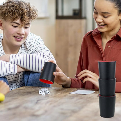 Felt-Lined PU Leather Dice Cup Set, 6 Quiet Dice Shaker Cups with 36 Dices for Bar Party Yahtzee Farkle Dice Games, Red and Black