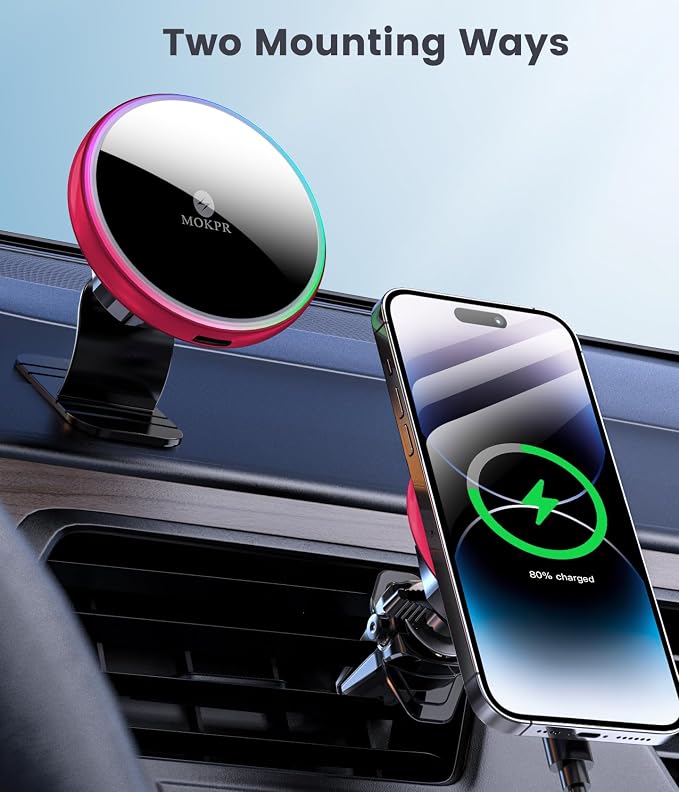 MOKPR for Magsafe Car Mount Charger-15W Wireless Car Charger-Magnetic Car Phone Holder for Dash Air Vent-LED RGB HandsFree Car Mount Fast Car Charger for iPhone 16 15/14/13/12 Series RED