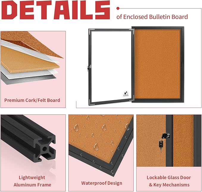 Enclosed Bulletin Board, Outdoor Weatherproof Cork Noticeboard