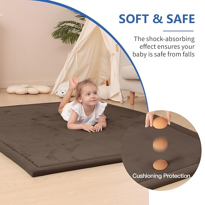 Baby Play Mat for Floor,1.3" Thick Memory foam Tummy Time Mat for Toddlers,Infants,kids,Water-Repellent Soft Nursery Rug ,71"×79" Extra Large Non Slip for Crawling&Yoga,Tatami Style for Living Room(Dark Brown)