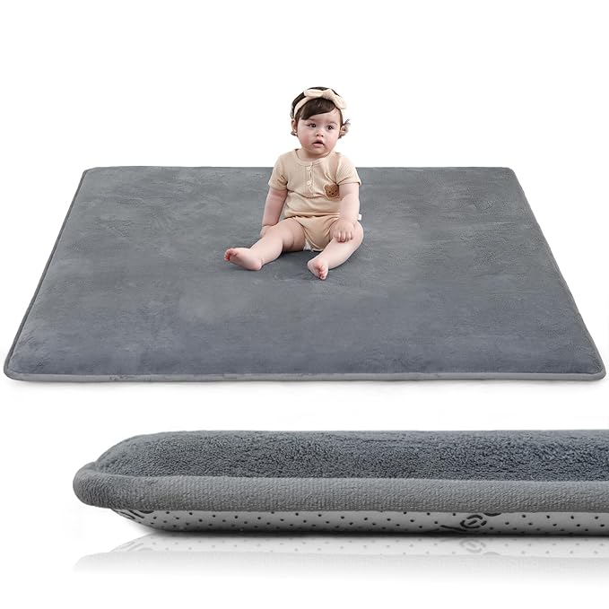 Baby Play Mat for Floor,1.3" Thick Elasti-Foam 50"×50" Playpen Mat for Tummy Time,Water Repellent Soft Coral Velvet for Toddler,Infant,Kids,Non-Slip Backing Safe for Crawling(Dark Grey)