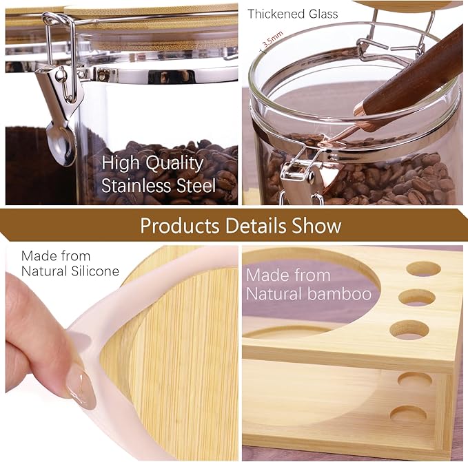 Glass Coffee Storage Containers with Bamboo Shelf,Ground Coffee Holder Jars,Airtight Glass Countertop Storage Jar Canisters with Spoon for Coffee,Loose Tea,40 Fluid-oz,Pack of 3
