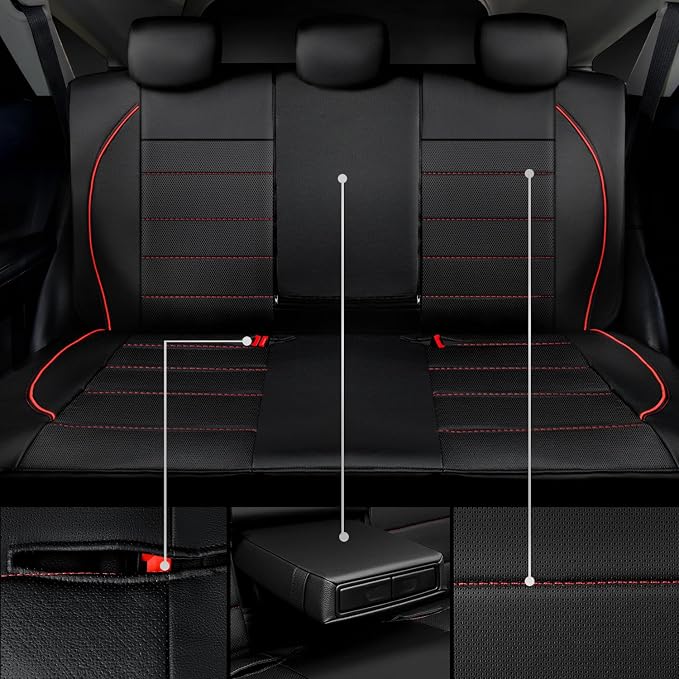 CAR PASS Leather Back Seat Cover,Piping Waterproof Bench Seat Cover, Rear Seat Cover Universal Fit for Cars Sedans SUVs Truck 95% Automotive Interior Backseat Car Covers (Rear,Black and Red)