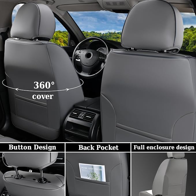 Coverado Seat Covers Full Set, Luxury Leather Car Seat Covers, Waterproof Automotive Car Seat Covers Universal Fit for Most Sedans, SUVs, Pick-up Trucks(Gray)