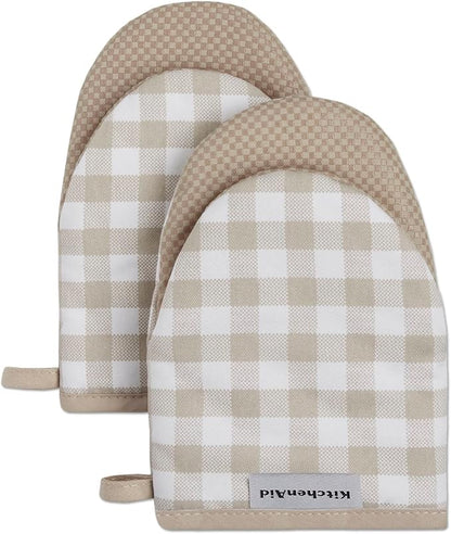 KitchenAid Gingham Mini Oven Mitt 2-Pack Set, Milkshake Tan