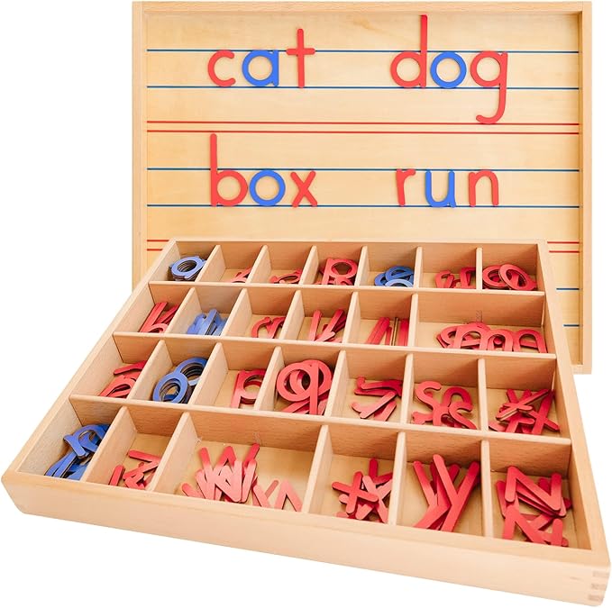 Movable Alphabet Montessori Wooden Letters - Moveable Alphabet With Box Mats - Lower Case for Writing, Reading, Spelling, and Language Learning Materials (Red and Blue)