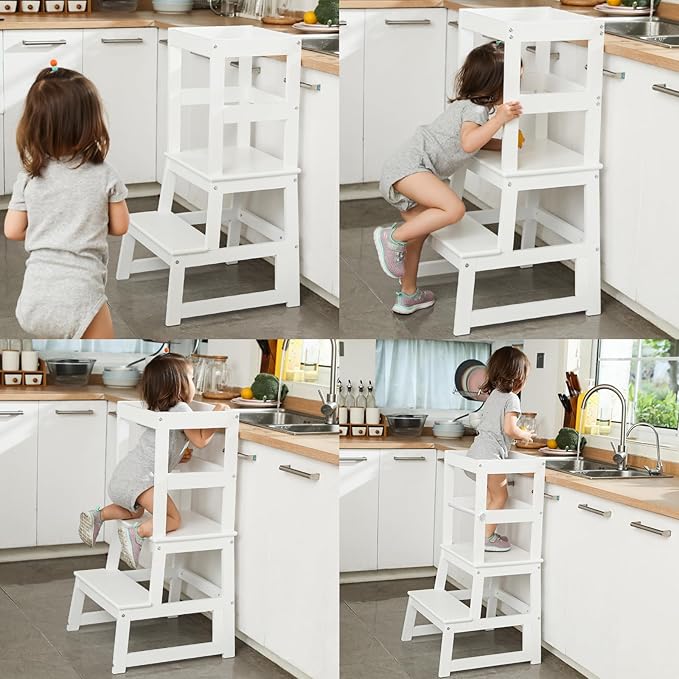Kids Kitchen Step Stool with Safety Rail,Wooden Toddler Standing Tower for Kitchen Counter, Kids Montessori Stool, Solid Wood Construction,White