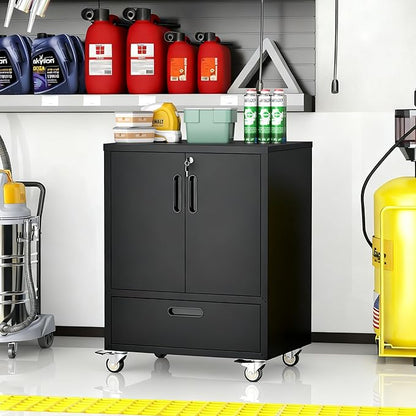 Metal Storage Cabinet with Wheels, Mobile Garage Storage Cabinet with 2