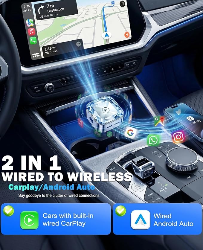 2 in 1 Wireless CarPlay and Android Auto Adapter for Renault Austral 2022 2023 2024, Mini CarPlay Dongle Converts Wired to Wireless, Fast Auto-Connect