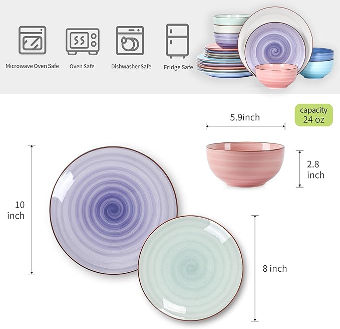 Selamica Ceramic Dinnerware Sets for 6, 18 Pieces Plates and Bowls Set, Scratch Resistant Dishes Set, Handpainted Swirl with Spot Dishwasher & Microwave Safe, Gradient Color