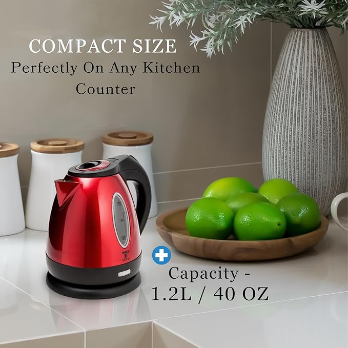 Moss & Stone 1.2L Stainless Steel Small Electric Kettle Red Color, Cordless