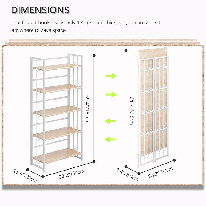 4NM No Assembly 5 Tiers Folding Bookshelf, 59.4" H Foldable Storage Shelves