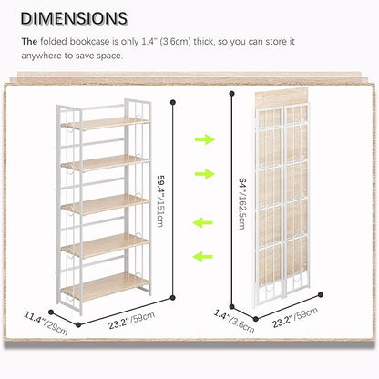 4NM No Assembly 5 Tiers Folding Bookshelf, 59.4" H Foldable Storage Shelves