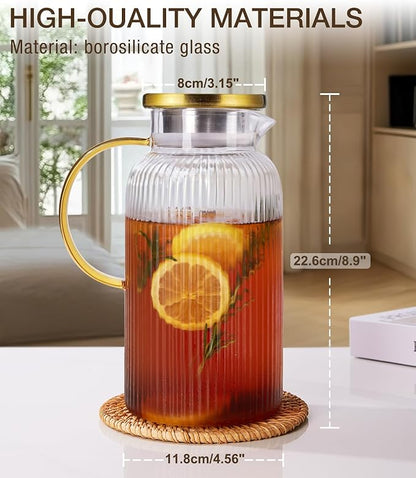 2 PACK Glass Pitcher with Lid 64 oz, Classic Vertical Stripes Pitcher with Lid