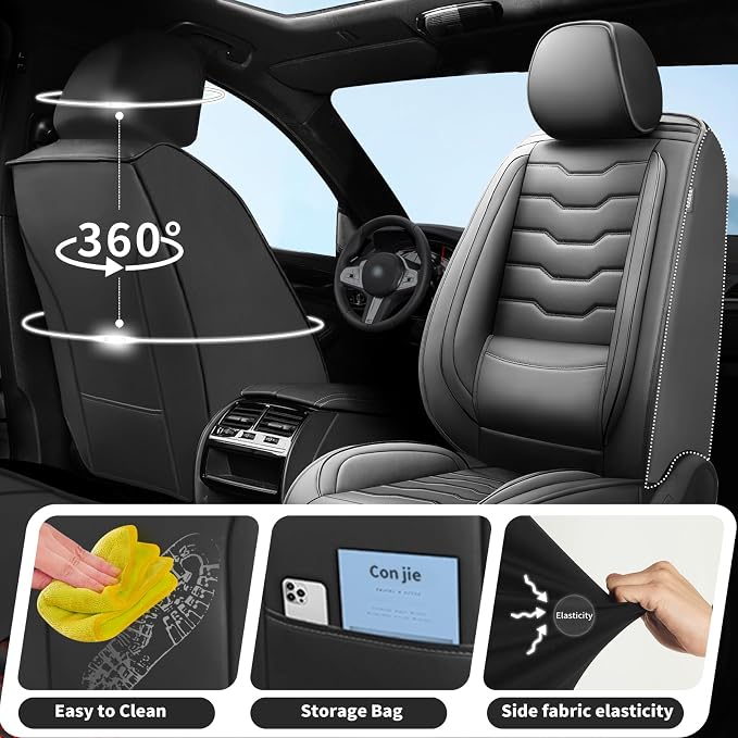 Fit Gladiator Car Seat Covers for Jeep Gladiator 2020-2025 2026 -Full Set Premium Leather, Waterproof & Breathable，All-Weather Seat Cushion Protecto & Airbag Compatible, 2 Front Seat Black