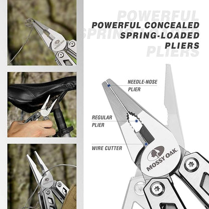 MOSSY OAK Multitool, 21-in-1 Stainless Steel Pocket Knife with Screwdriver Sleeve, Self-locking Pliers with Sheath-Perfect for Outdoor, Survival, Camping, Hiking, Simple Repair