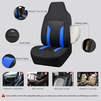 CAR PASS Bucket Car Seat Cover, Breathable 3D Air Mesh-100% Sporty Fabric Front Seats, Airbag Compatible, Universal Fit Auto SUV Truck Sedan Vans Women, High Back Two Front 2 Piece, Black Blue