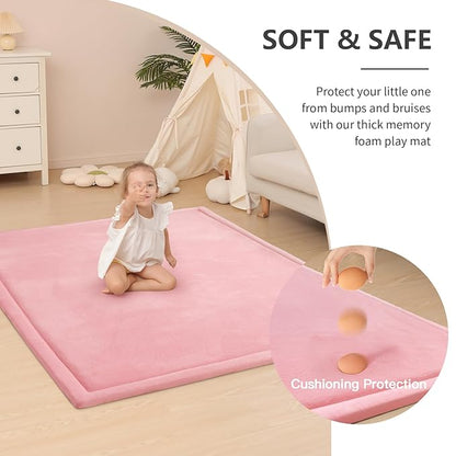 Baby Play Mat for Floor,1.3" Thick Memory foam Tummy Time Mat,79"×158“ Extra Large Soft Coral Velvet Nursery Rug,Non Slip Safe for Crawling,Toddlers,Infants,kids,Tatami Style for Living Room(Pink)